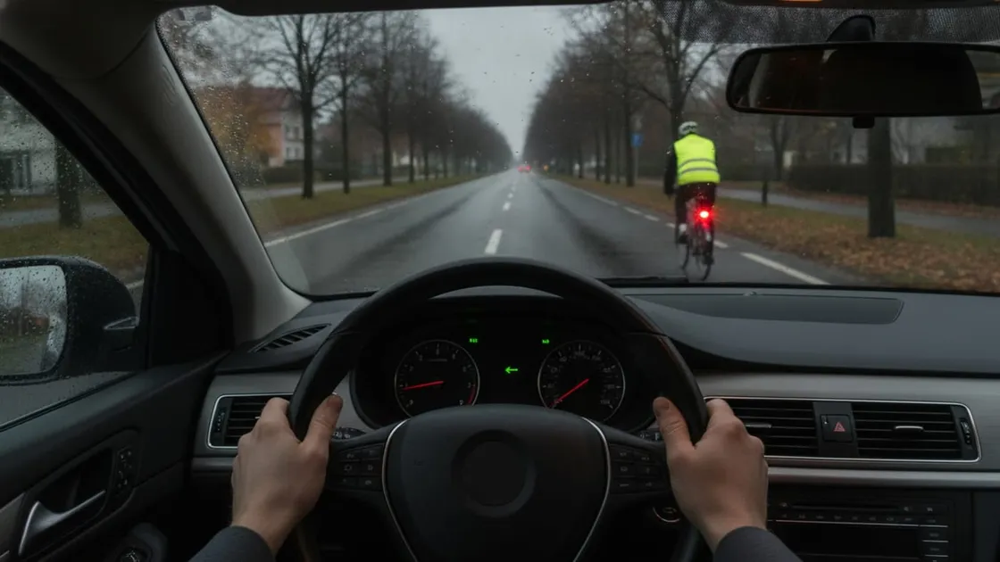 Șofer la volanul unei mașini, pe o alee umedă mărginită de copaci desfrunziți; un biciclist cu vestă reflectorizantă și stopul roșu aprins circulă lângă marginea drumului.