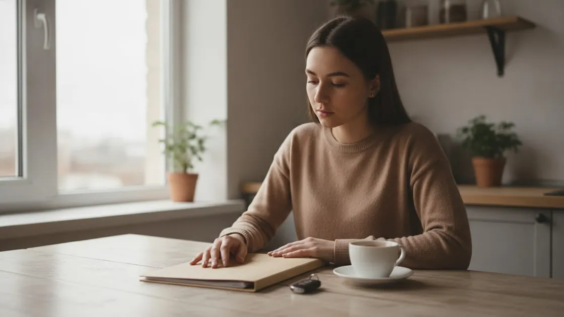 O tânără stă la masa din bucătărie, cu mâinile pe un dosar bej închis, lângă cheile mașinii și o ceașcă de cafea, în lumina naturală dinspre fereastră.