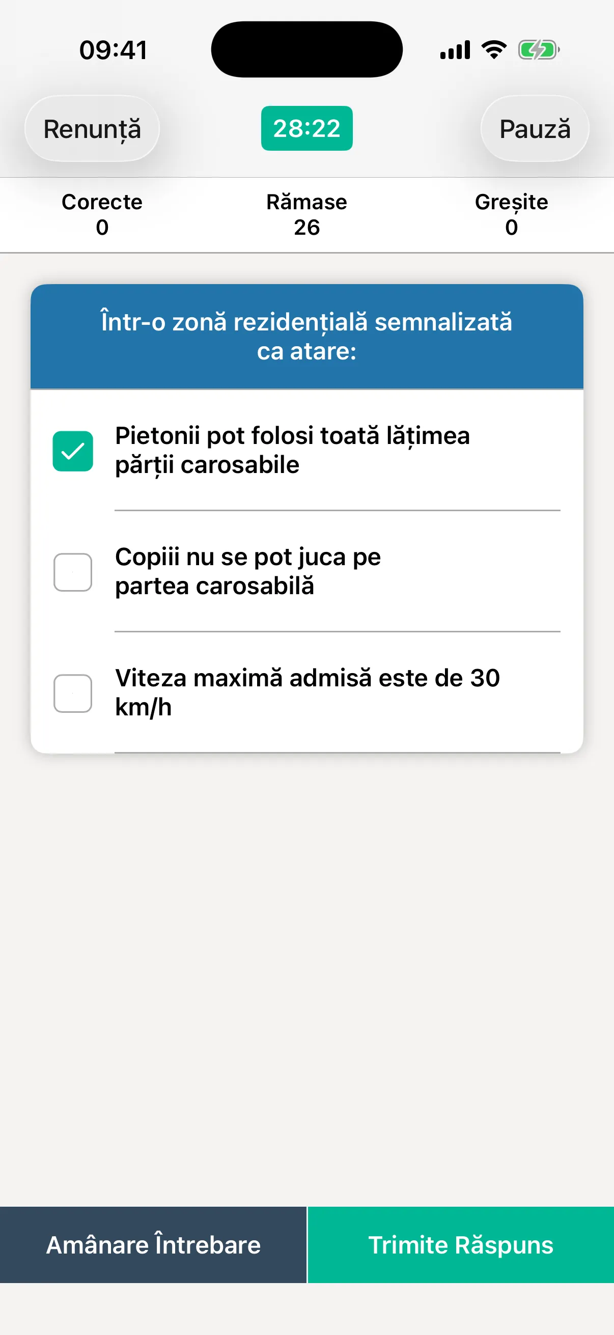 Simulare de examen DRPCIV în aplicația Drivero: cronometru, contoare de răspunsuri corecte și greșite, variante cu bifă
