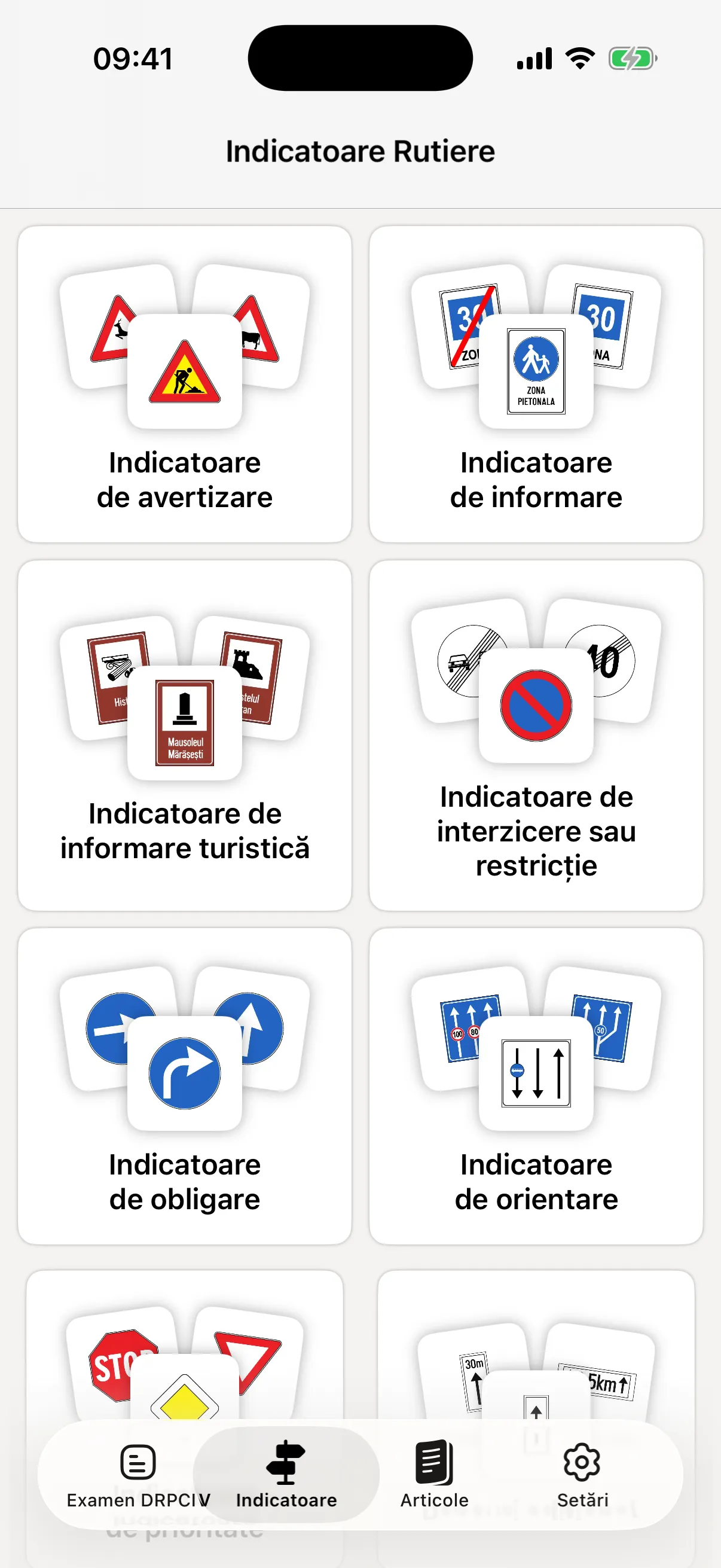 Categoriile de indicatoare rutiere în aplicația Drivero